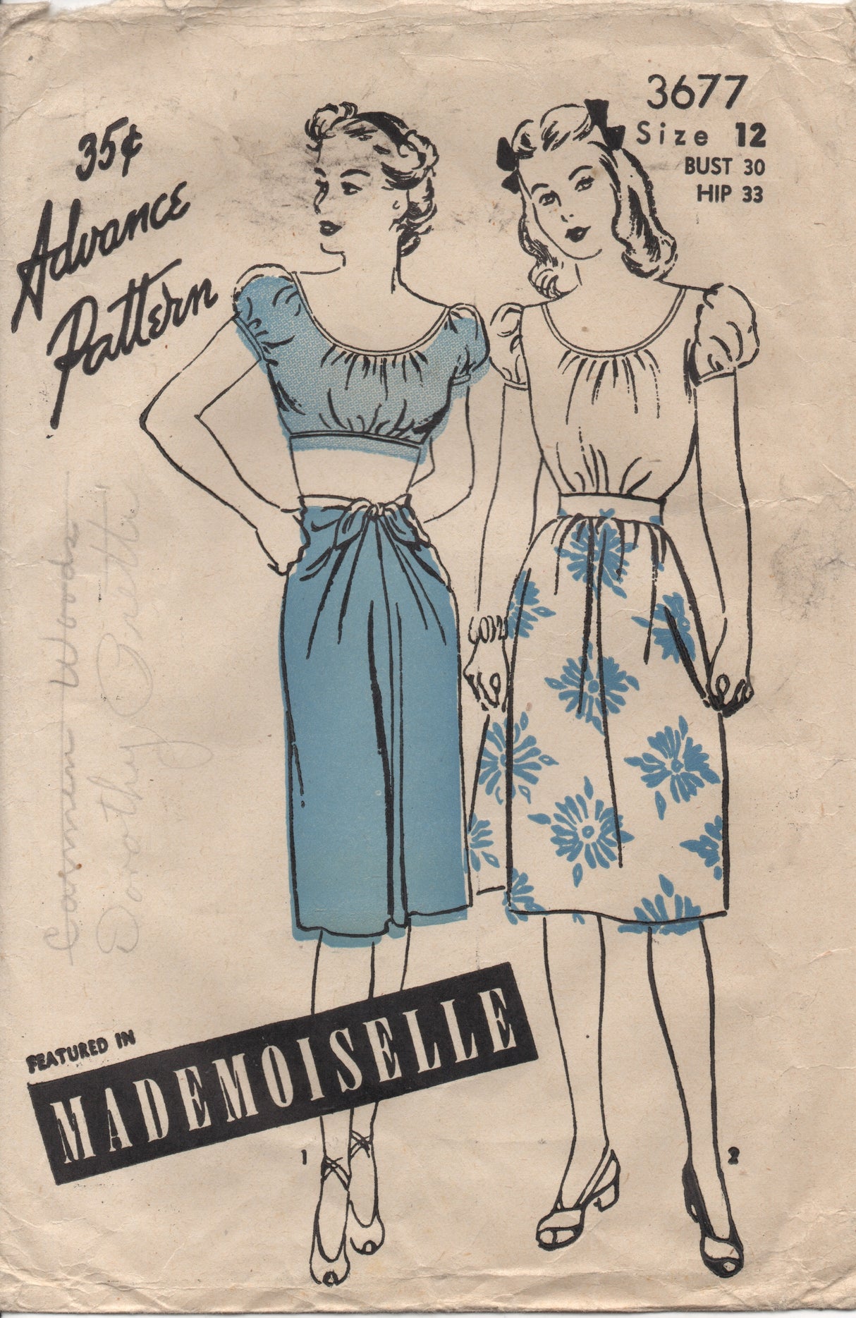 1940's Advance Crop Top, Sarong, Peasant Blouse and Gathered Skirt - Bust 30" - No. 3677