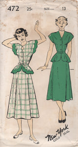 1950's New York One Piece Dress with Scallop Detail, Large Peplum and Keyhole Neckline - Bust 31" - UC/FF - No. 472