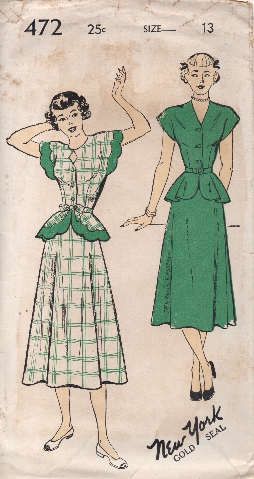 1950's New York One Piece Dress with Scallop Detail, Large Peplum and Keyhole Neckline - Bust 31