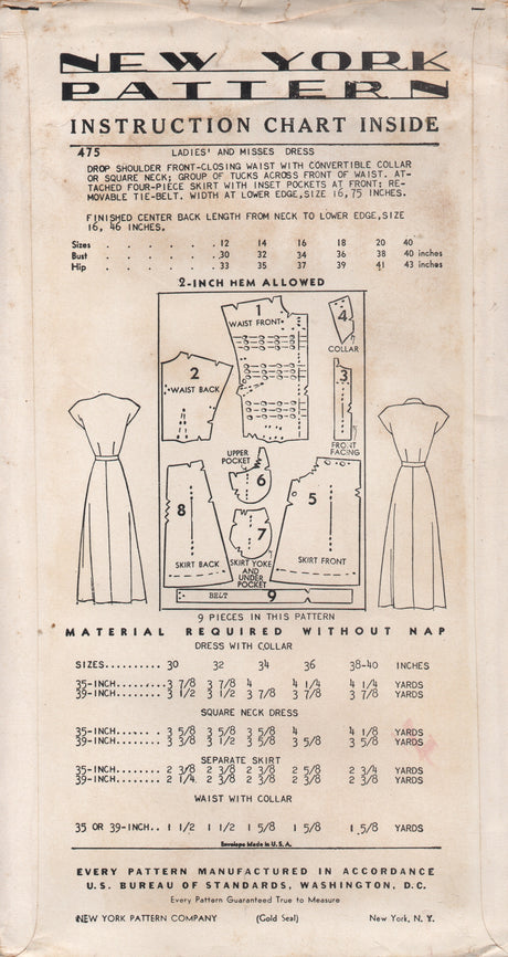 1950's New York One Piece Dress with Pin Tuck Front and Pockets- Bust 32" - UC/FF - No. 475