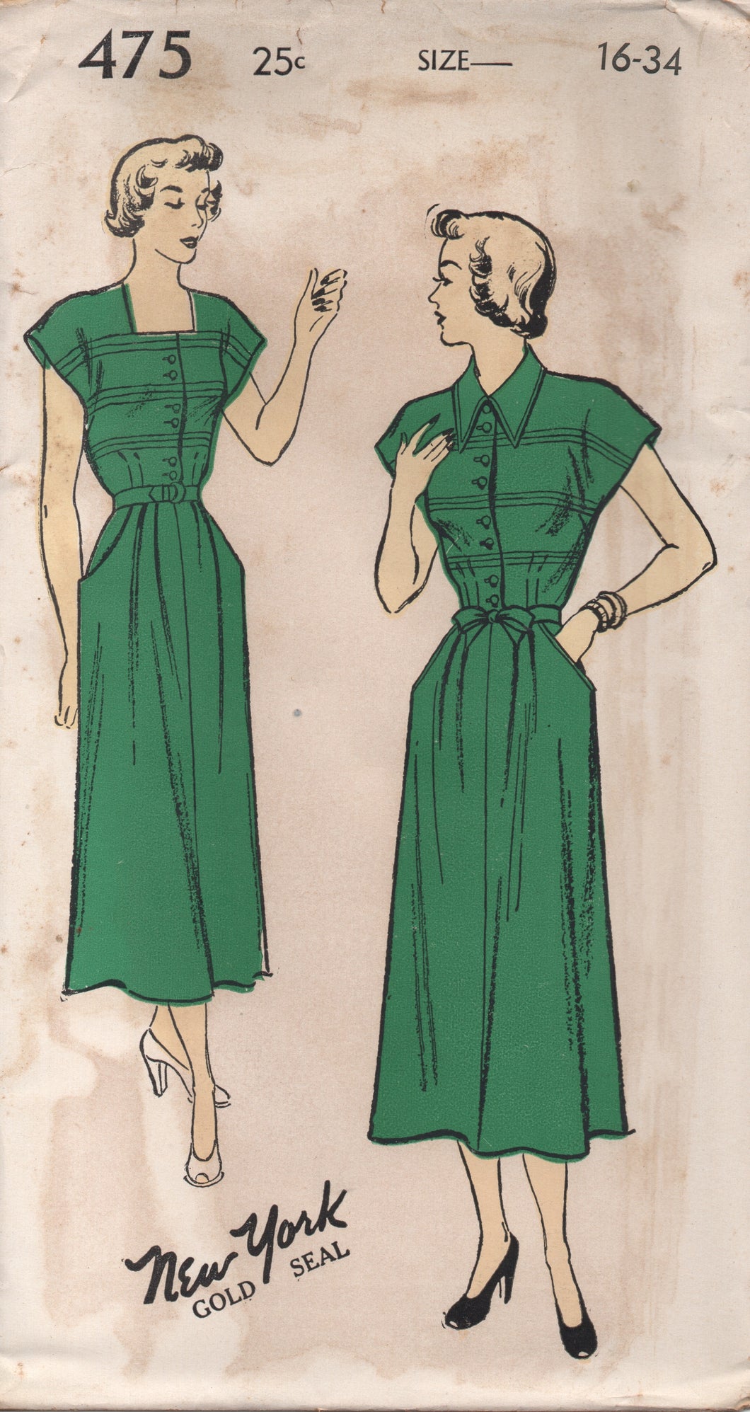 1950's New York One Piece Dress with Pin Tuck Front and Pockets- Bust 34