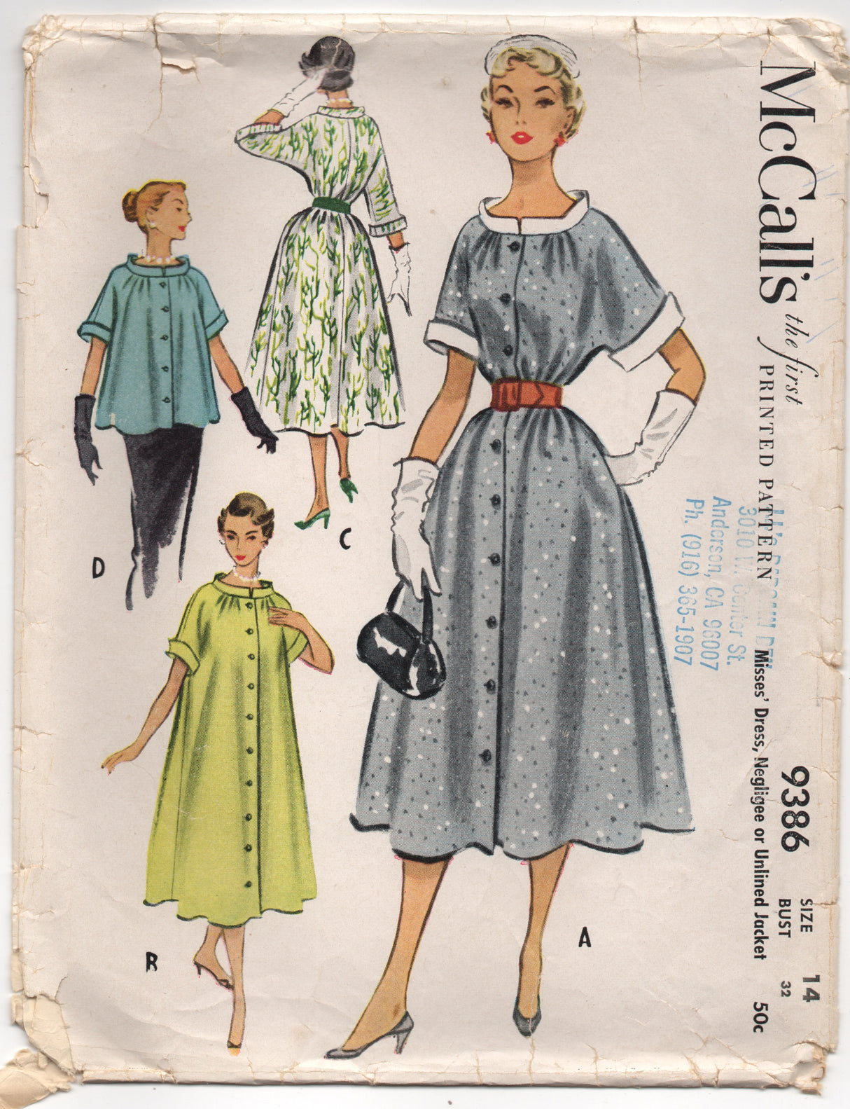 1950's McCall's One Piece Full Belted Dress, Negligee or Jacket - Bust 32" - No. 9386