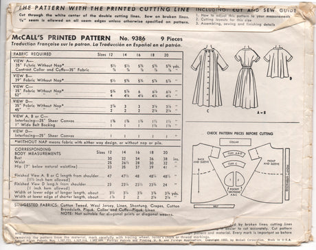 1950's McCall's One Piece Full Belted Dress, Negligee or Jacket - Bust 32" - No. 9386