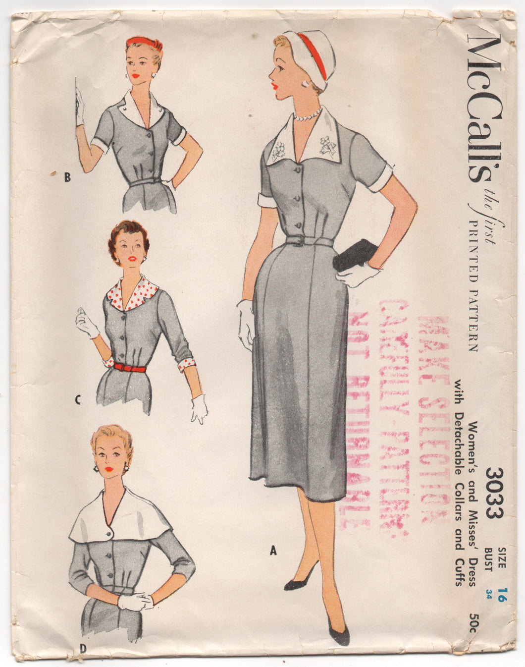 1950's McCall's Day Dress with 4 Collar Option and 3/4 or short sleeves - Bust 34