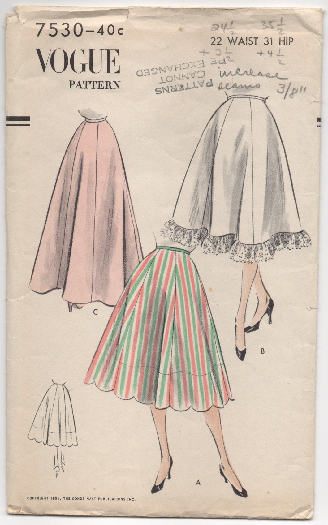 1950’s Vogue Petticoat in Two lengths or scallops - Waist 22” - No. 7530