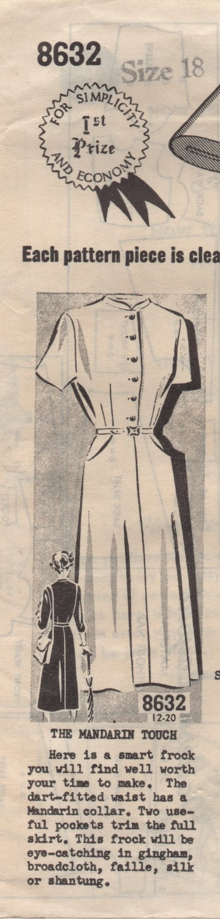 1950's Sew-Rite One Piece Shirtwaist Dress with Mandarin Collar - Bust 36