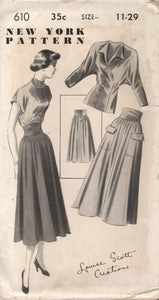 1950's New York by Louise Scott Blouse with Dolman or Cap Sleeves and High Waisted Skirt - Bust 29" - UC/FF - No. 610