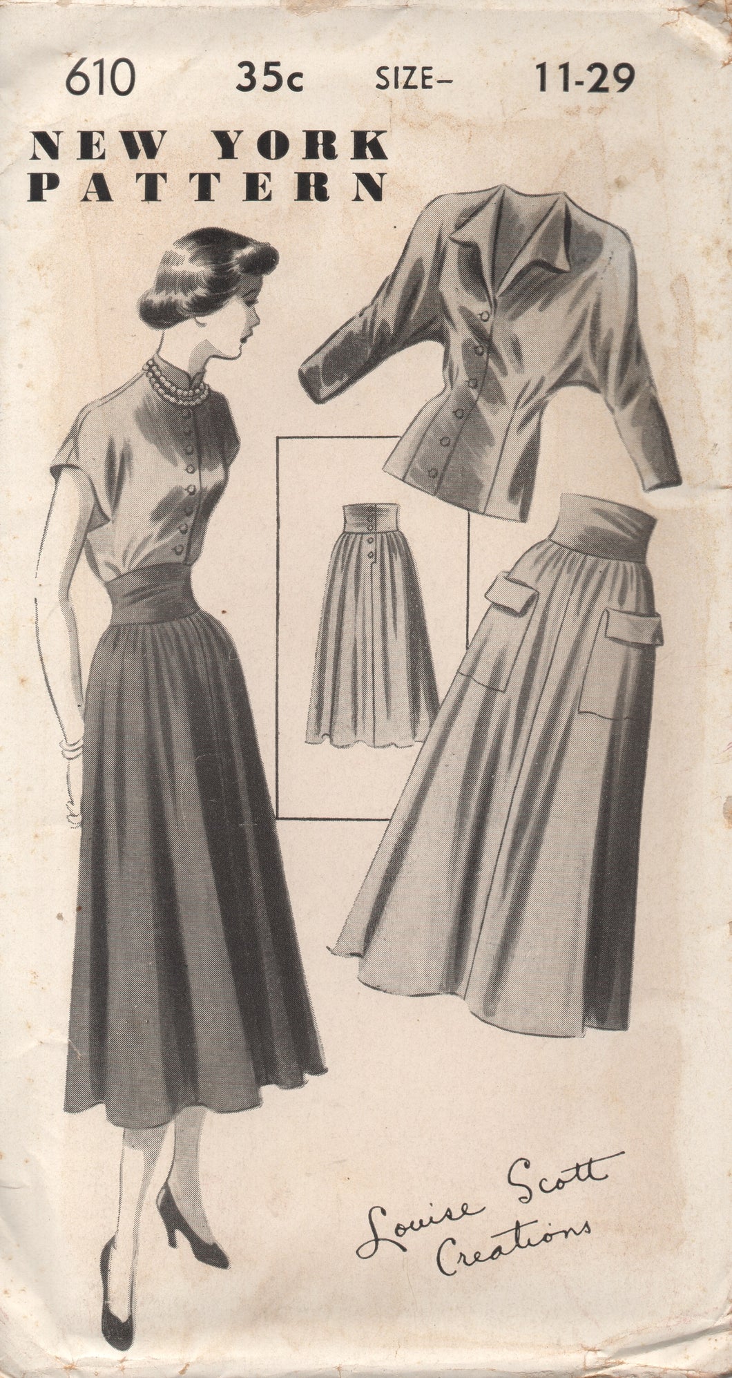 1950's New York by Louise Scott Blouse with Dolman or Cap Sleeves and High Waisted Skirt - Bust 29