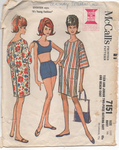 1960's McCall's Two Piece Bathing suit with Tie shoulder and Beach Coat - Bust 30" - No. 7151