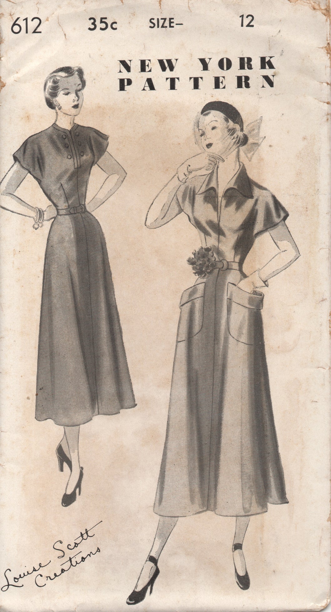1950's New York by Louise Scott One Piece Dress with Large Collar and Pockets - Bust 30
