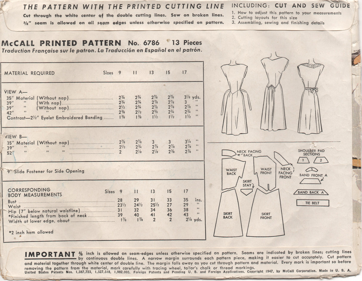 1940's McCall One Piece Dress with gathered Front section of Skirt - Bust 31" - No. 6786