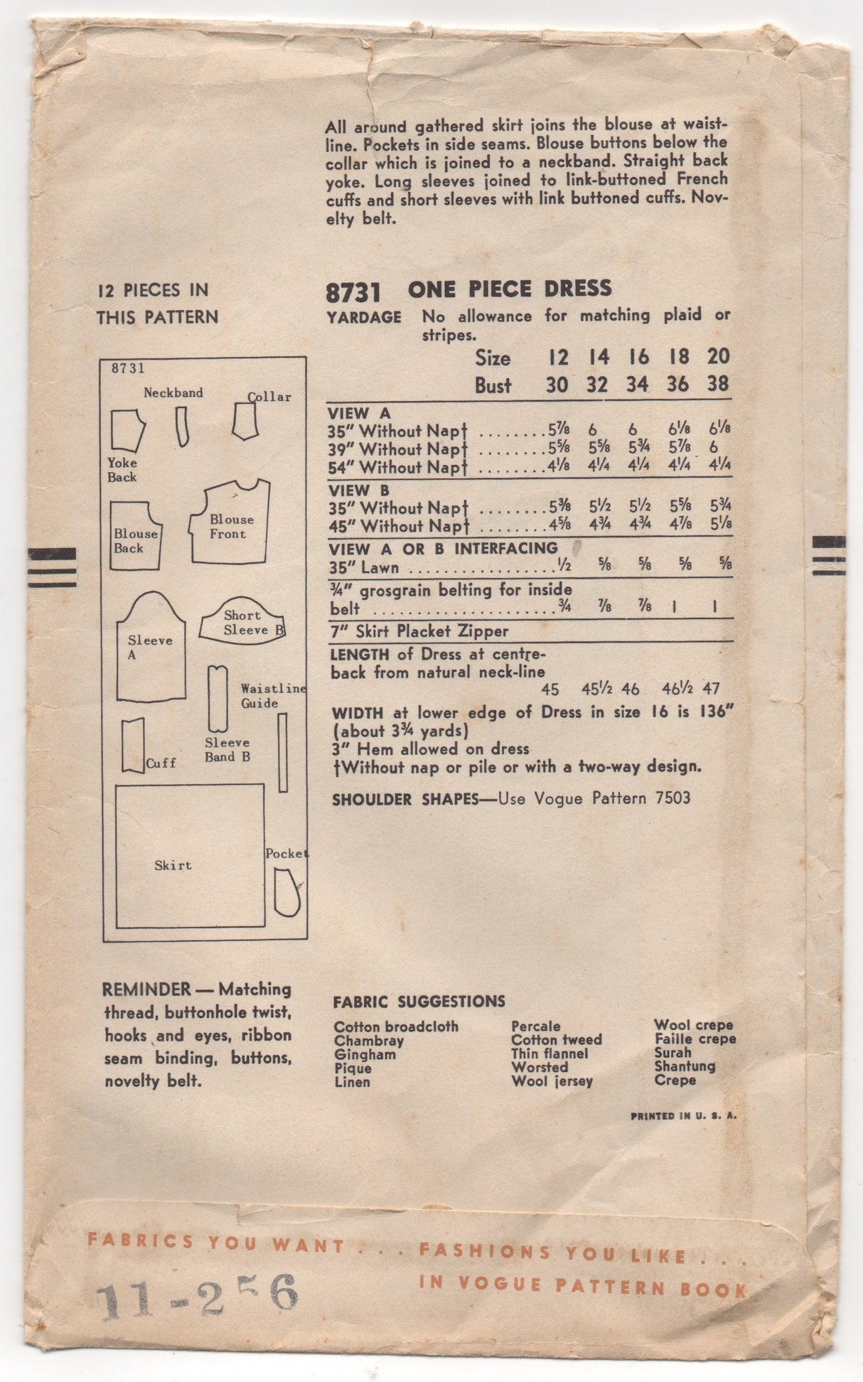 1950’s Vogue One Piece Shirtwaist Dress with Gathered Skirt - Bust 30” - No. 8731