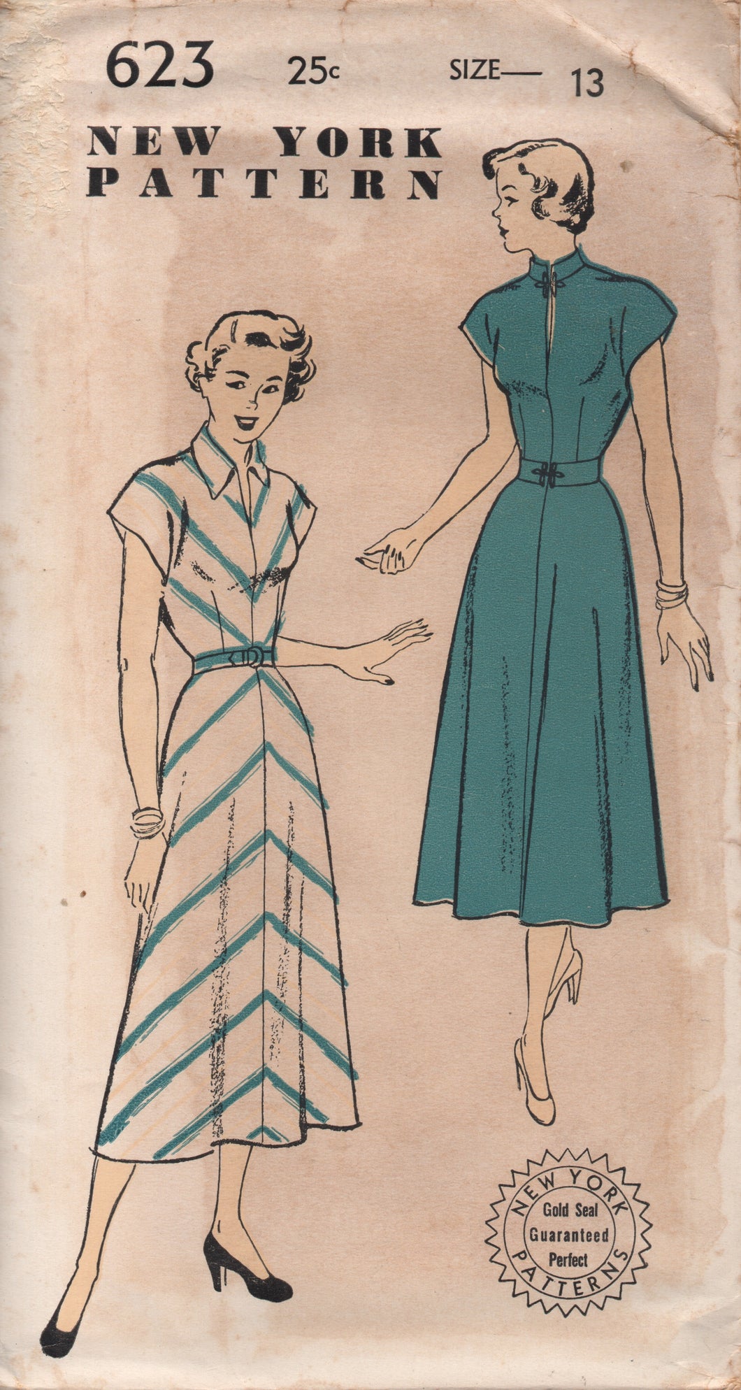 1940's New York One Piece Dress with A line skirt and Two Collar options - Bust 31