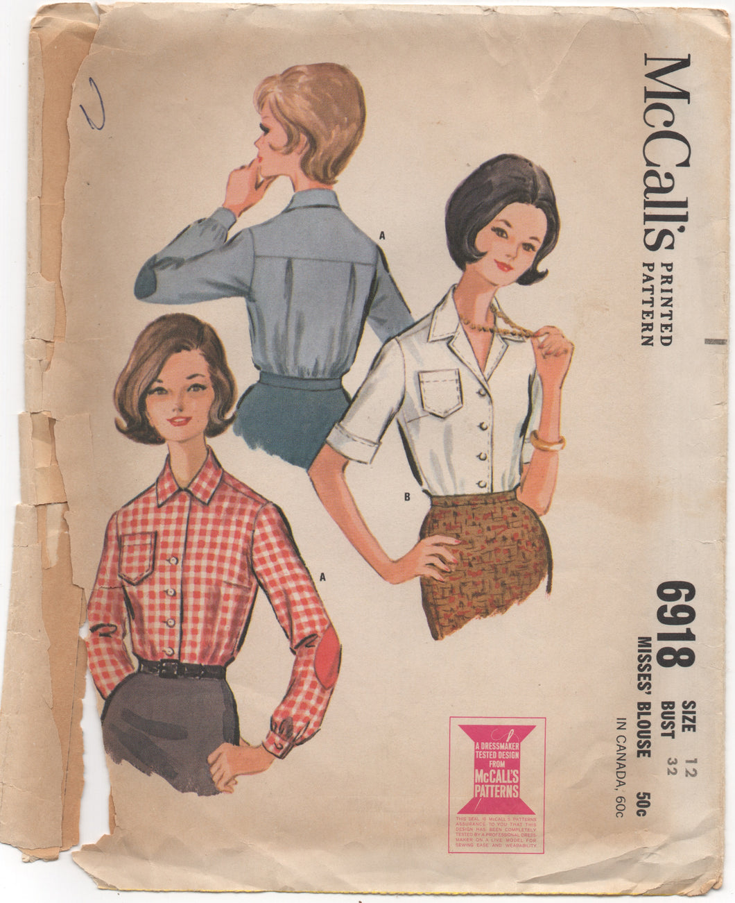 1960's McCall's Button up Shirt with Pocket and Elbow Patches - Bust 32