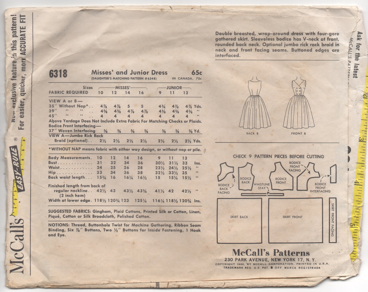 1960's McCall's Double-Breasted Wrap-Around Dress with 4 Gore Skirt- Bust 32" - No. 6318