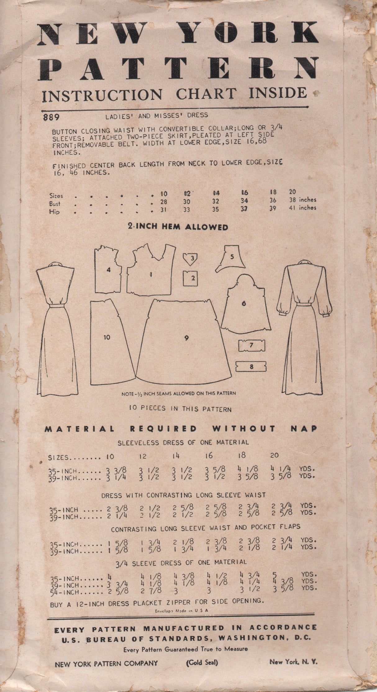 1940's New York One Piece Dress with Oversize Collar, Long or no Sleeves, Distinct Pockets and side gathered Skirt - Bust 30" - UC/FF - No. 889