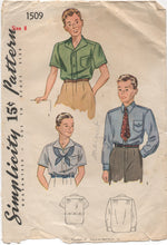 1940's Simplicity Boy's Button up Shirt in Three Styles - 8yrs - No. 1509