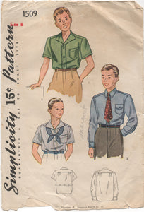 1940's Simplicity Boy's Button up Shirt in Three Styles - 8yrs - No. 1509