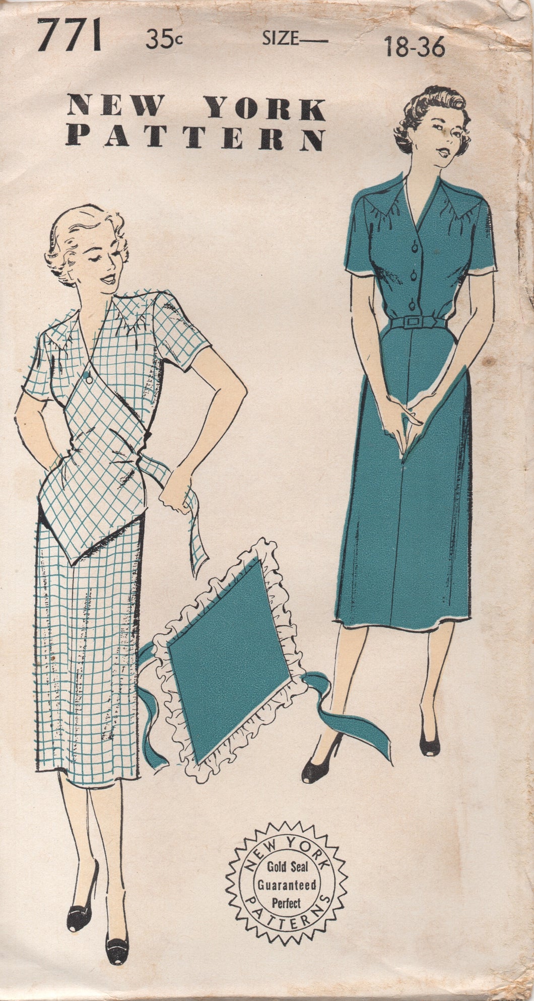1950's New York Shirtwaist Dress with Triangular Yoke and Attachable Apron - Bust 36