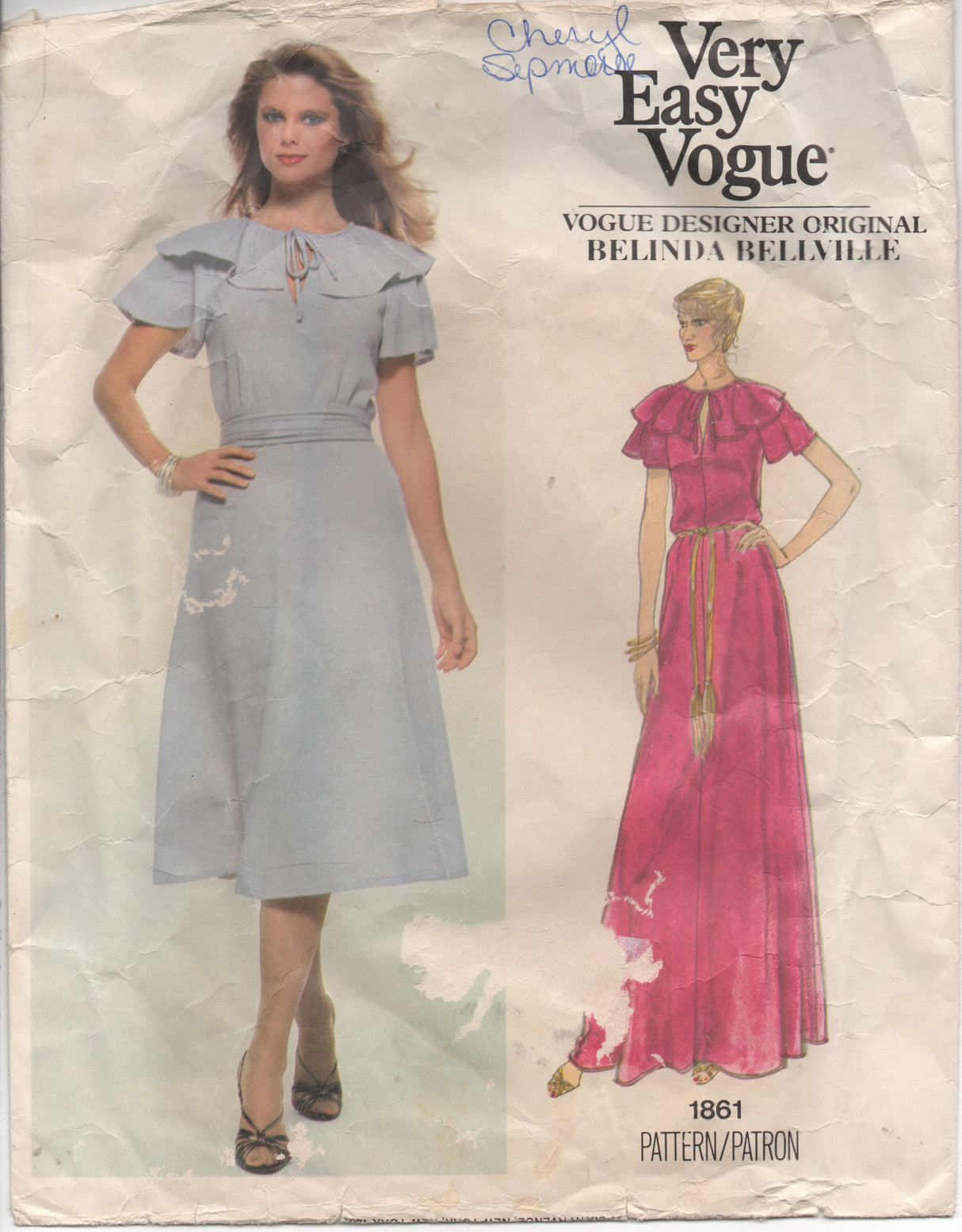 1970's Very Easy Vogue Belinda Bellville Designer One Piece Dress with Ruffle Collar Pattern - Bust 34" - No. 1861