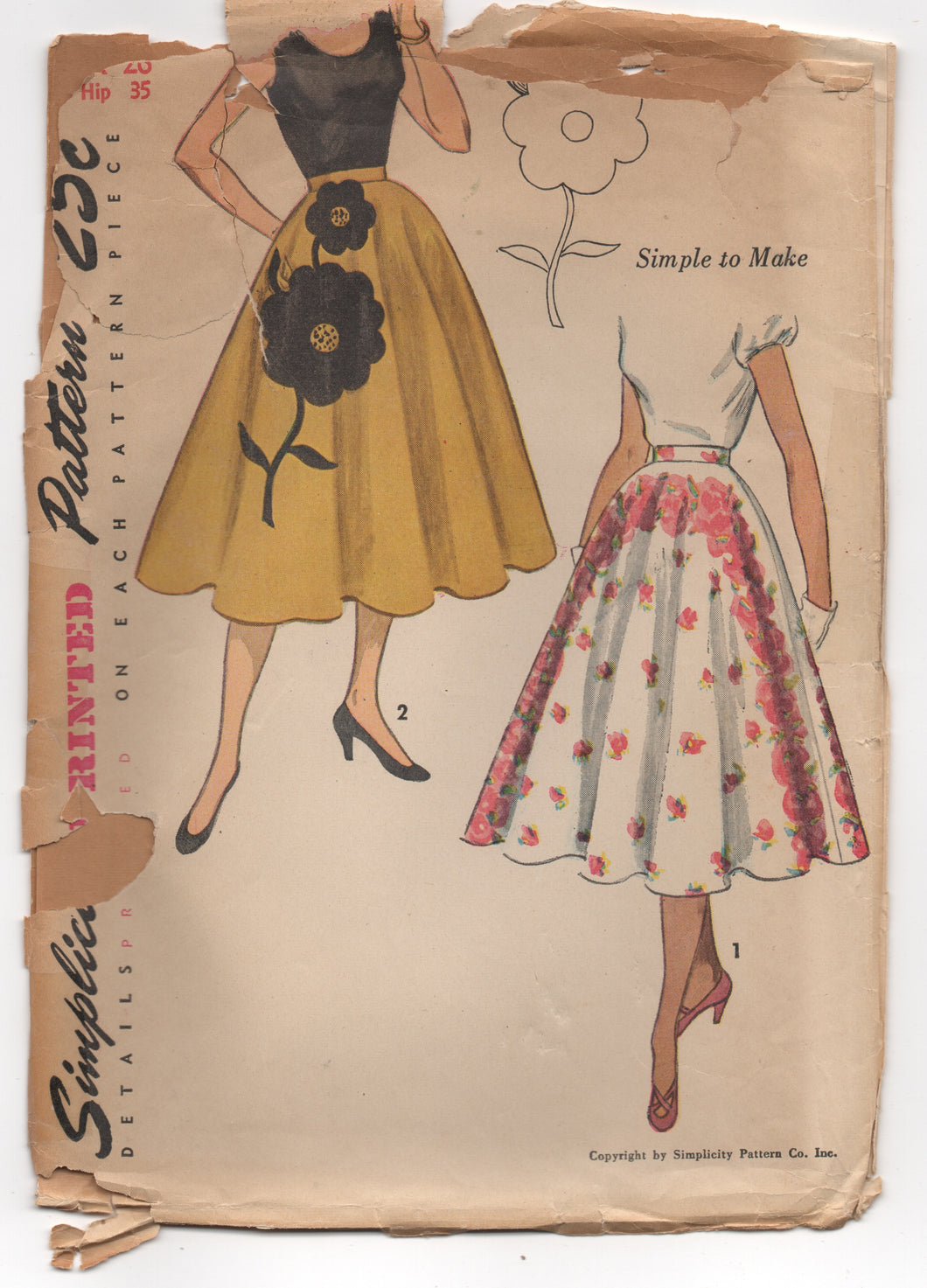 1950's Simplicity Full Circle Skirt with Flower Transfer - Waist 26