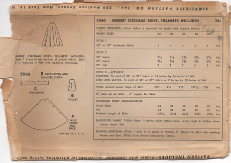 1950's Simplicity Full Circle Skirt with Flower Transfer - Waist 26" - No. 3560