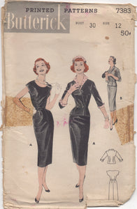 1950's Butterick Slim Fit One-Piece Dress with Cross-over Jacket - Bust 30" - No. 7383