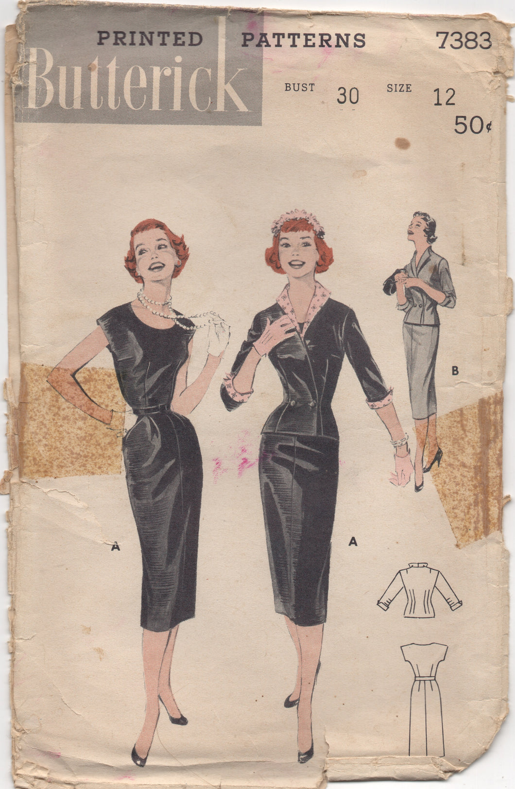 1950's Butterick Slim Fit One-Piece Dress with Cross-over Jacket - Bust 30
