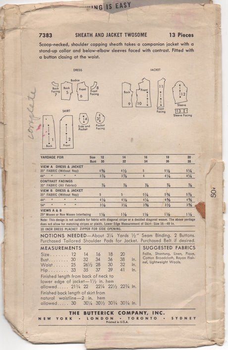 1950's Butterick Slim Fit One-Piece Dress with Cross-over Jacket - Bust 30" - No. 7383