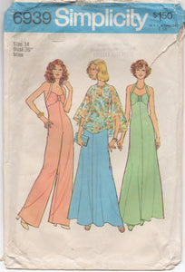 1970's Simplicity Maxi Dress, Jumpsuit, and Cape - Bust 36" - No. 6939