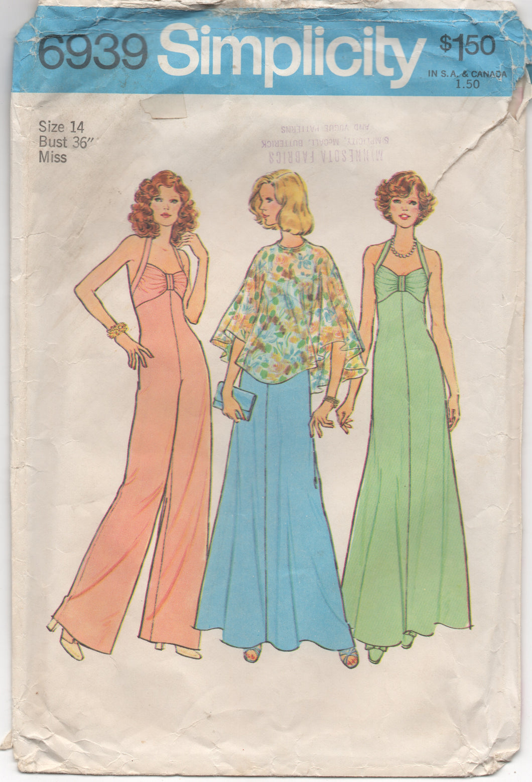 1970's Simplicity Maxi Dress, Jumpsuit, and Cape - Bust 36