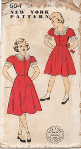 1950's New York Girl's Shirtwaist Dress with Short Sleeves and Two Necklines - Bust 28" - No. 664