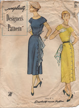 1950’s Simplicity Designer One Piece Dress with Button Up Side & Scarf- Bust 30” - No. 8286