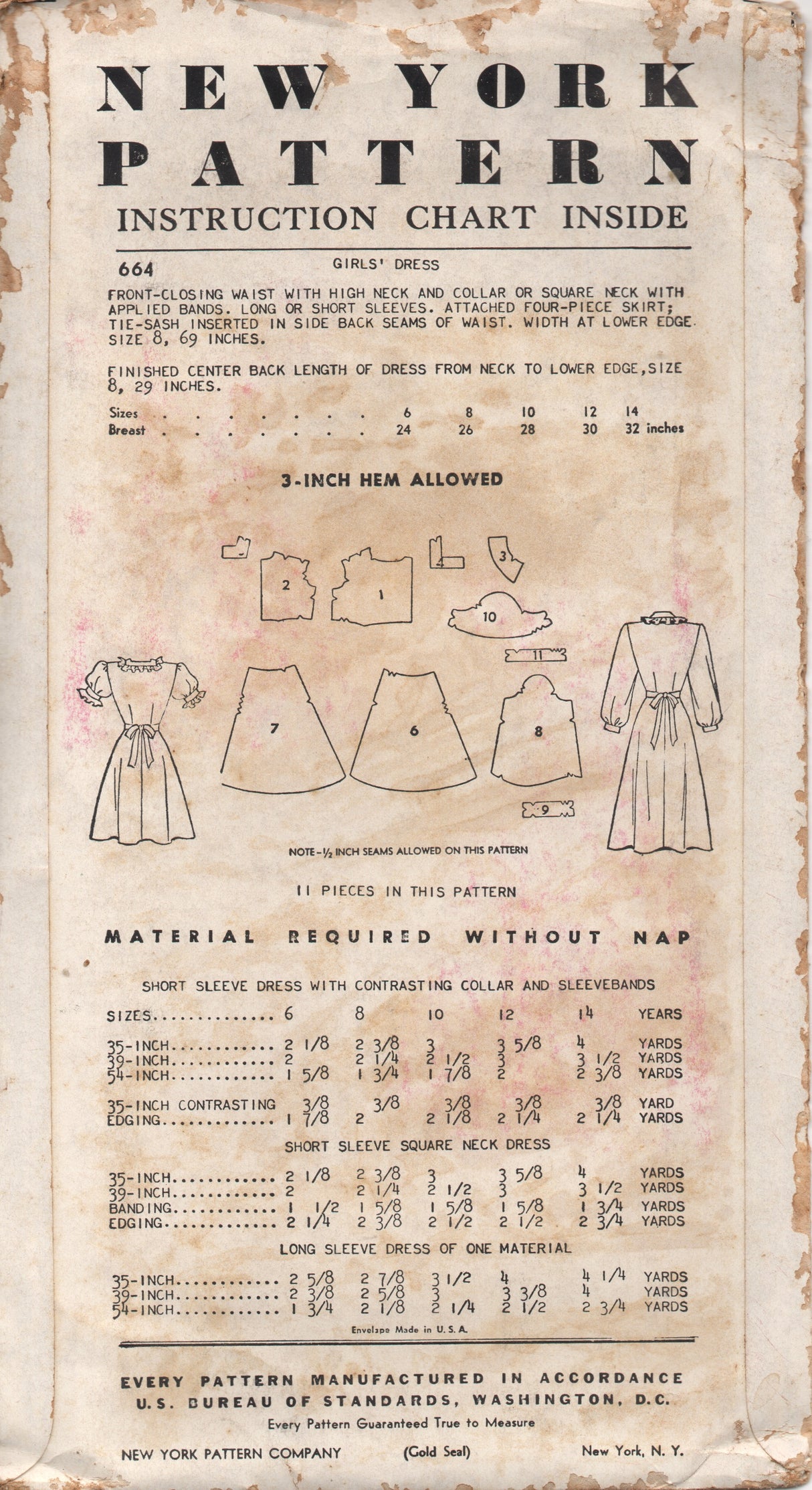 1950's New York Girl's Shirtwaist Dress with Short Sleeves and Two Necklines - Bust 28" - No. 664