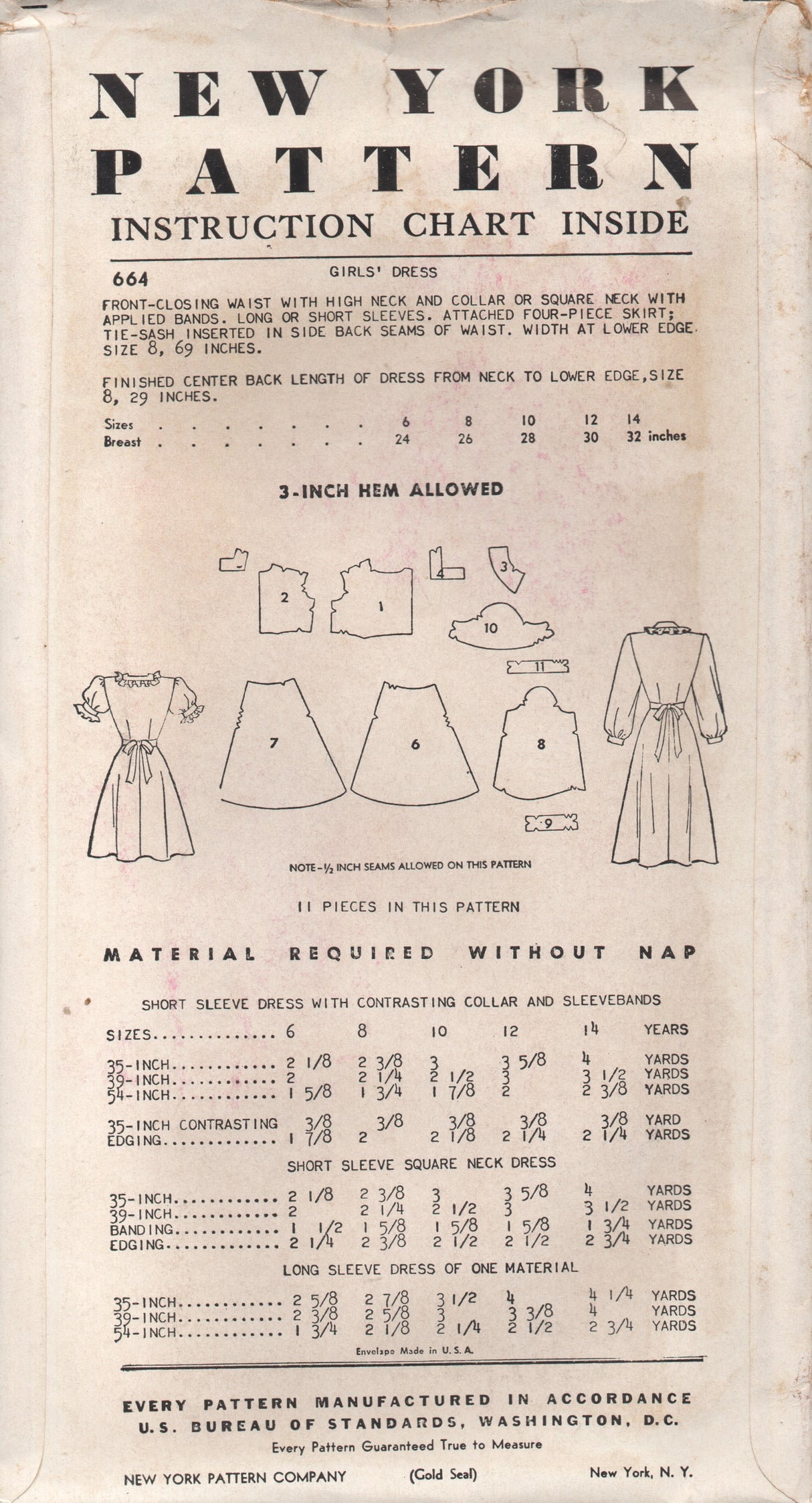 1950's New York Girl's Shirtwaist Dress with Short Sleeves and Two Necklines - Bust 30" - No. 664