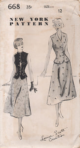 1950's New York by Louise Scott Vest in Two Necklines and A line skirt - Bust 30" - UC/FF - No. 668