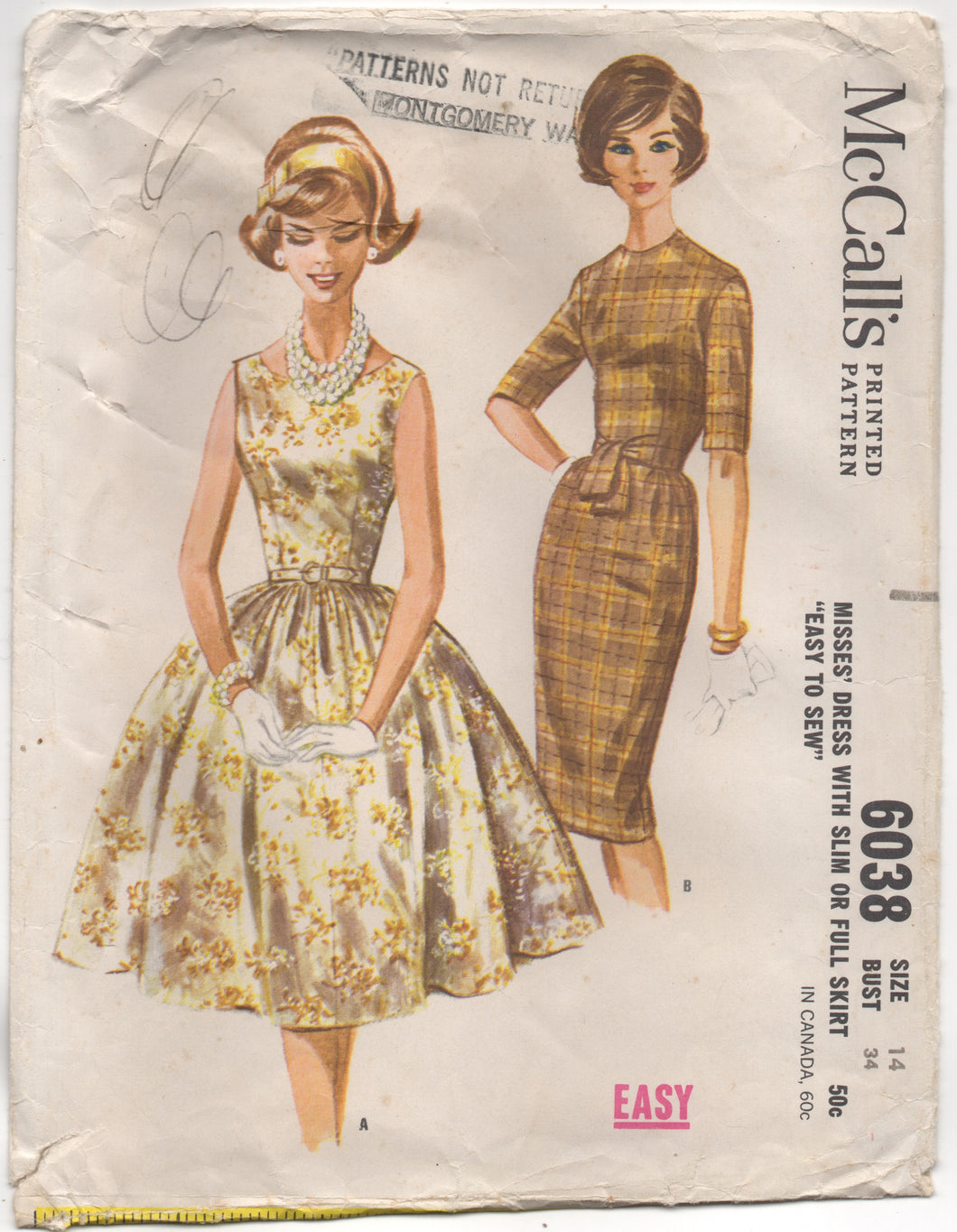 1960's McCall's One Piece Dress in Two Silhouettes - Bust 34
