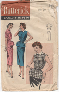 1950's Butterick Two Piece Carry-All Dress with Slim Skirt - Bust 30" - No. 6891
