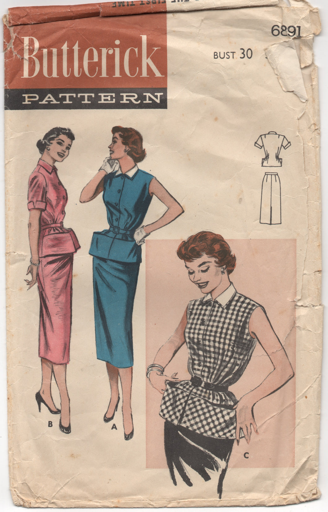 1950's Butterick Two Piece Carry-All Dress with Slim Skirt - Bust 30