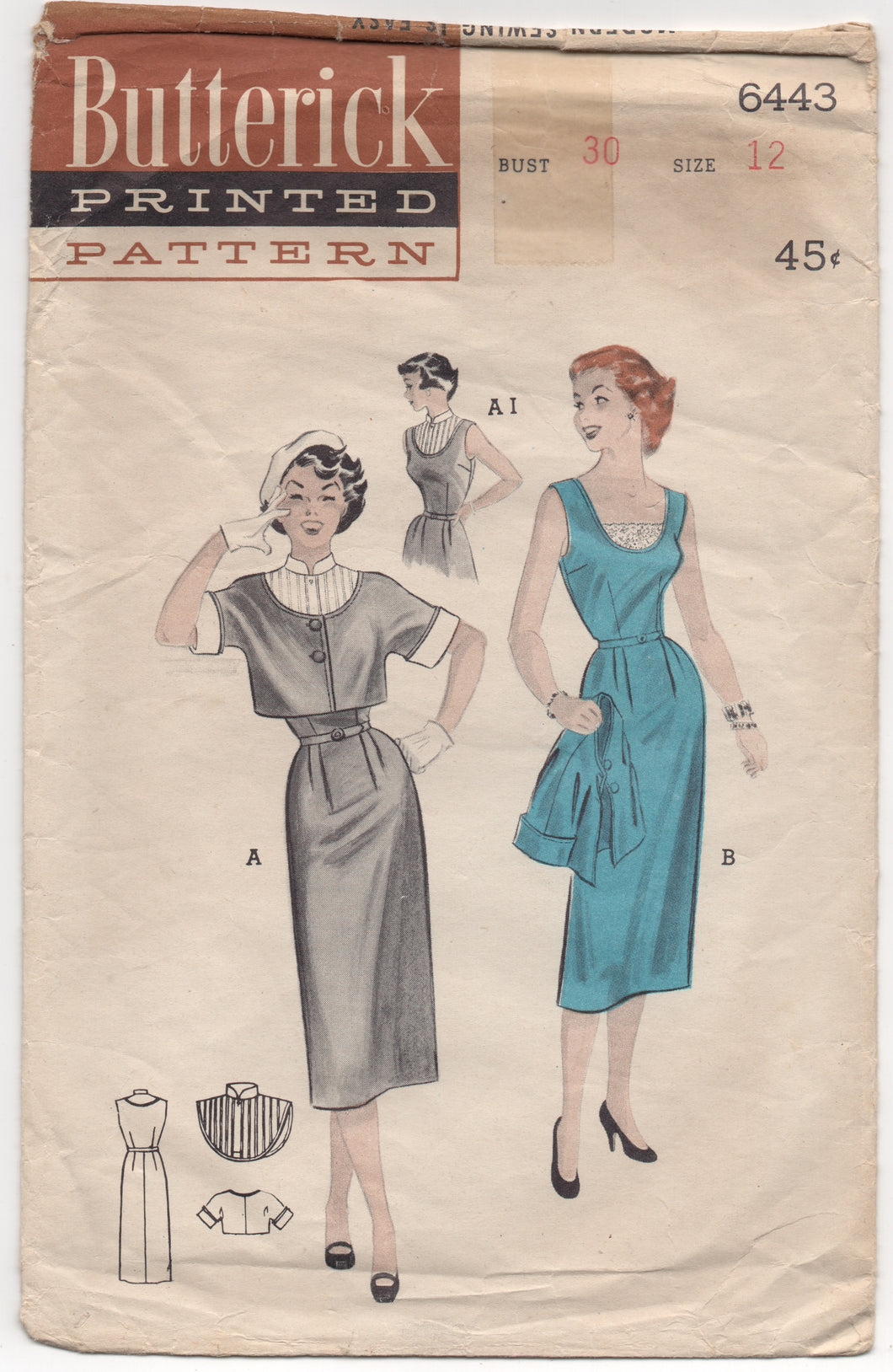 1950's Butterick One Piece Slim Fit Dress and Bolero with Separate Yoke Pattern - Bust 30