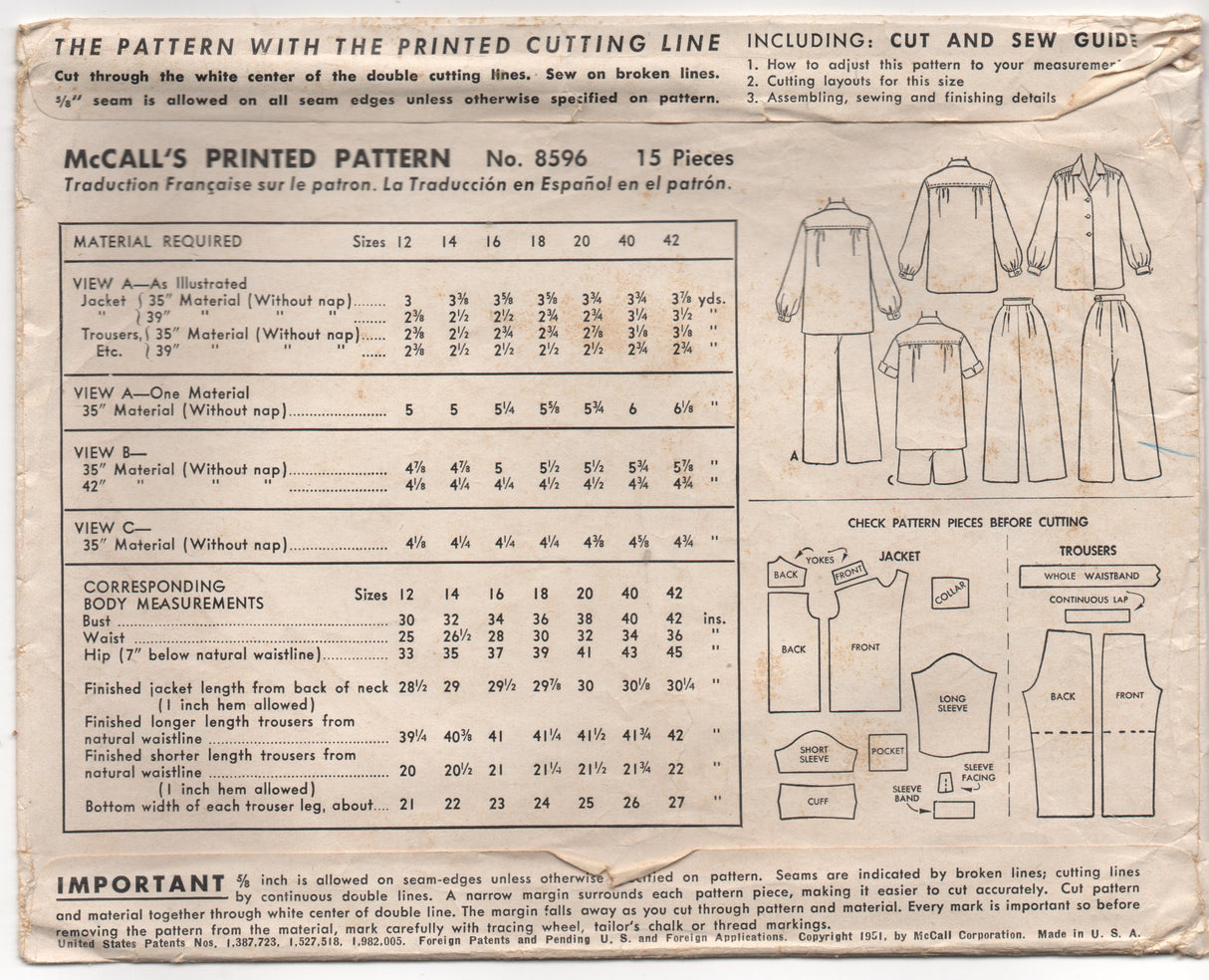 1950’s McCall’s Two-Piece Pajama Set Either Shorts or Pants - Bust 30” - No. 8596