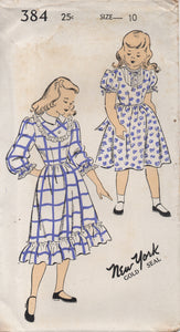 1940's New York Girl's One Piece Dress with Short or 3/4 Sleeves and High Neckline - Bust 28" - No. 384