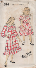 1940's New York Girl's One Piece Dress with Short or 3/4 Sleeves and High Neckline - Bust 30" - No. 384