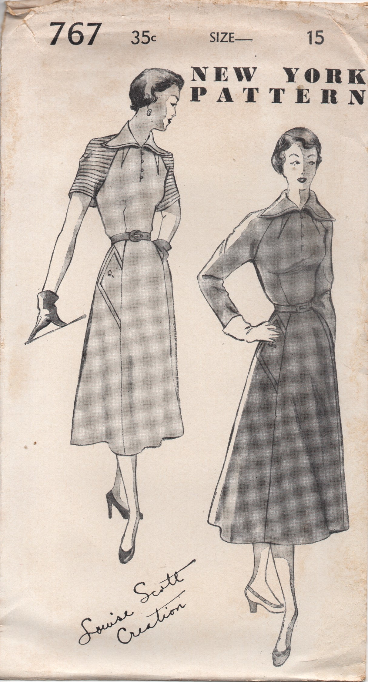 1950's New York by Louise Scott One Piece Dress with Oversize Collar, Raglan Sleeves, Pockets Pattern- Bust 33" - UC/FF - No. 767