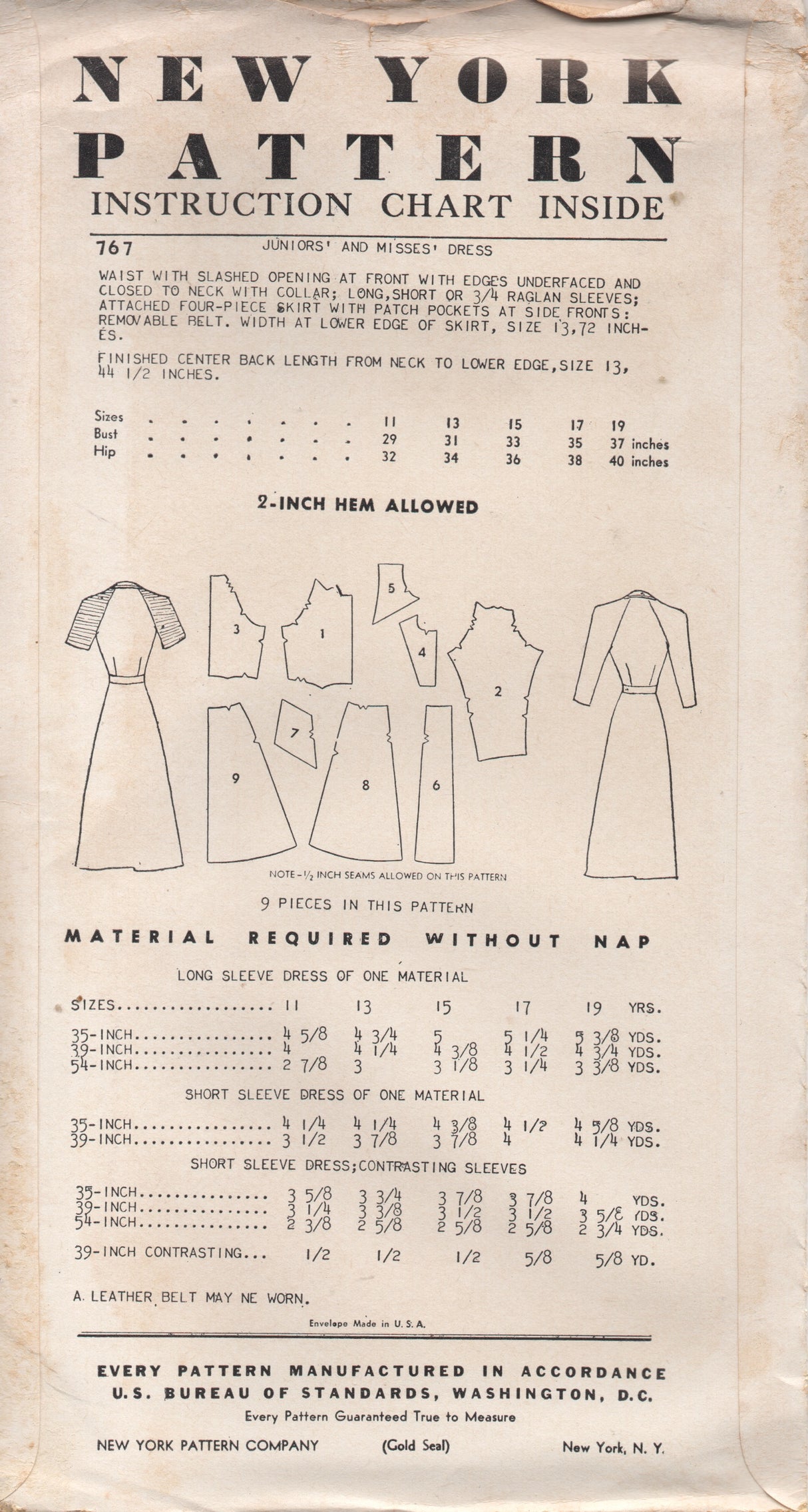 1950's New York by Louise Scott One Piece Dress with Oversize Collar, Raglan Sleeves, Pockets Pattern- Bust 33" - UC/FF - No. 767