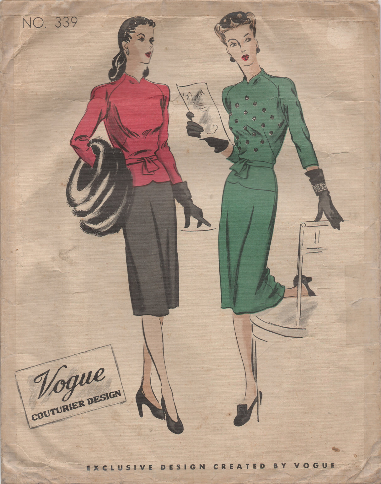 1940's Vogue Couturier One Piece Dress with High Neck Blouse and Two Sleeve Styles - Bust 34" - No. 339