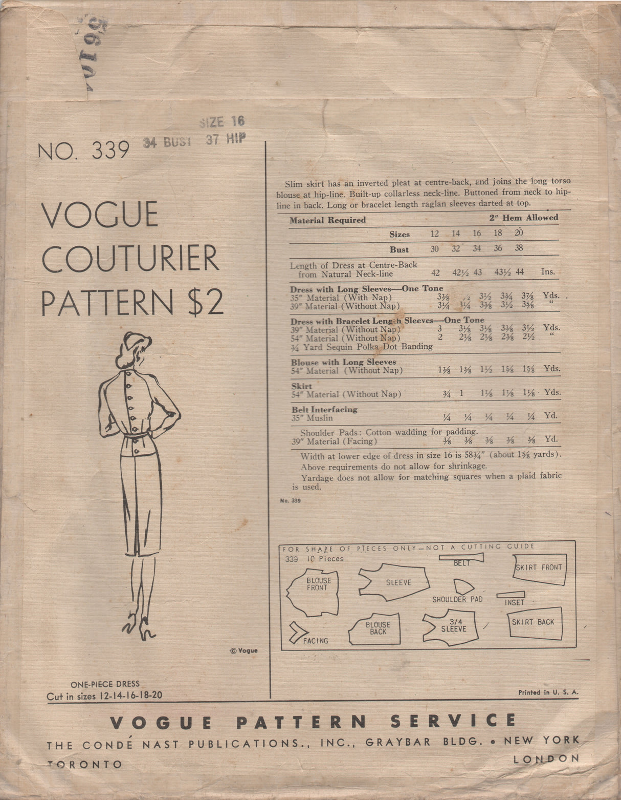 1940's Vogue Couturier One Piece Dress with High Neck Blouse and Two Sleeve Styles - Bust 34" - No. 339