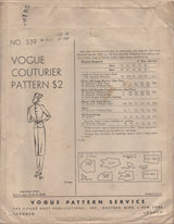 1940's Vogue Couturier One Piece Dress with High Neck Blouse and Two Sleeve Styles - Bust 34" - No. 339