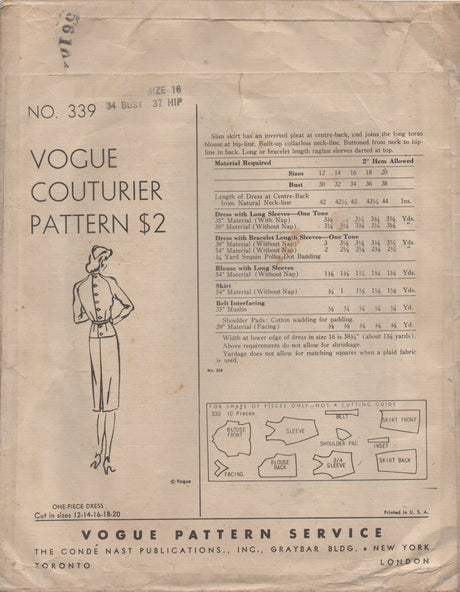 1940's Vogue Couturier One Piece Dress with High Neck Blouse and Two Sleeve Styles - Bust 34" - No. 339