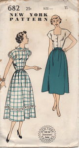 1940's New York One Piece Dress with High or Square Neckline and Gathered Skirt - Bust 29" - UC/FF - No. 682